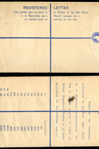 RP22 QV 2d Blue Registered Envelope size K Mint