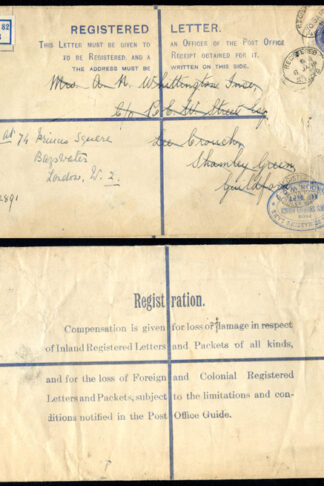 RP29 KGV 3 1/2d Blue Registered Envelope size K Used