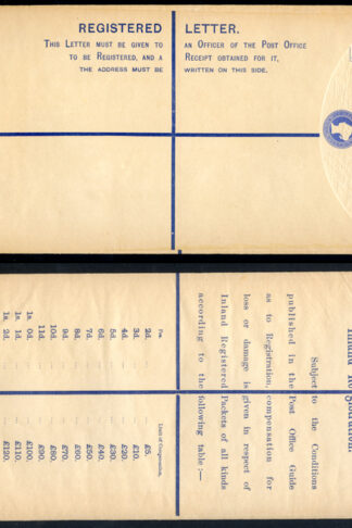 RP22 QV 2d Blue Registered Envelope size K Mint