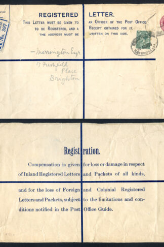 RP39 KGV 4 1/2d Puce Registered Envelope size K Used uprated