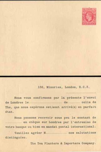 CS121 KGV 2 1/2d Carmine Tea importers Stamped to Order Post card 103x148 mm