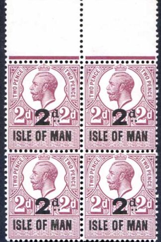 Isle of Man 1921 KGV 2d on 2d Revenue Stamp U/M Block of Four