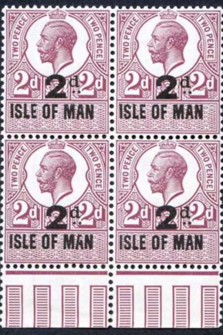 Isle of Man 1921 KGV 2d on 2d Revenue Stamp U/M Block of Four