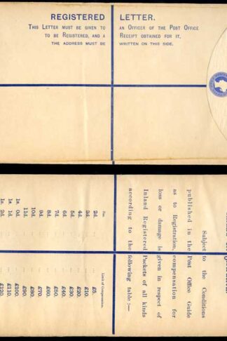 RP22 QV 2d Blue Registered Envelope size K Mint