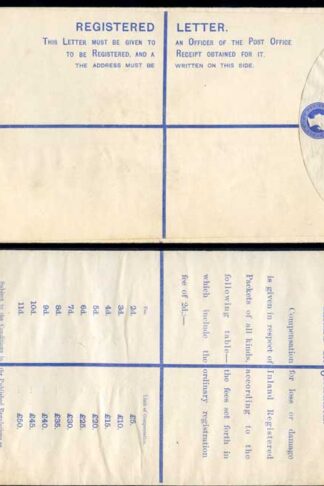 RP20 QV 2d Blue Registered Envelope size K Mint