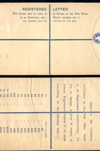 RP22 QV 2d Blue Registered Envelope size K Mint