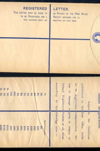 RP22 QV 2d Blue Registered Envelope size K Mint