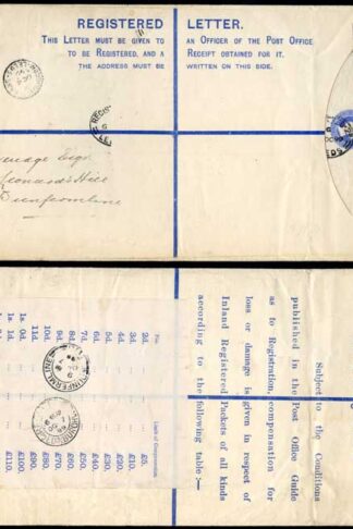 RP20 QV 2d Blue Registered Envelope size K Uprated Label On back