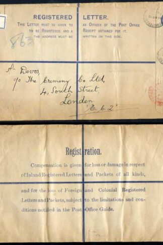 RP29 KGV 3 1/2d Blue Registered Envelope size K Mint Uprated