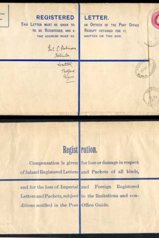 RP42 KGV 4 1/2d Puce Registered Envelope size K Used