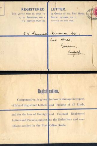RP42 KGV 4 1/2d Puce Registered Envelope size K Used