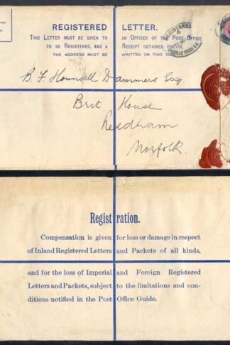 RP42 KGV 4 1/2d Puce Registered Envelope size K Used