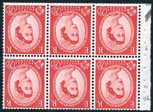 SB82a 2 1/2d Wmk Crowns Inverted Cream Paper Pane of 6 U/M