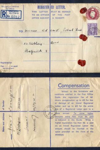 RP68 KGVI 6 1/2d Puce Registered Envelope Size H And Up To 2 on Back Uprated