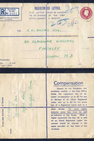 RP68 KGVI 6 1/2d Puce Registered Envelope Size H And Up To 2 on Back Used
