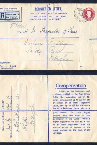 RP68 KGVI 6 1/2d Puce Registered Envelope Size H And Up To 2 on Back Used