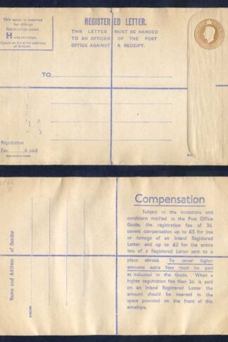 RP66 KGVI 5 1/2d Brown Registered Envelope Size H Mint