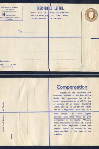 RP66 KGVI 5 1/2d Brown Registered Envelope Size H Mint