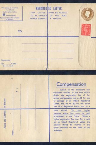 RP66 KGVI 5 1/2d Brown Registered Envelope Size H Uprated