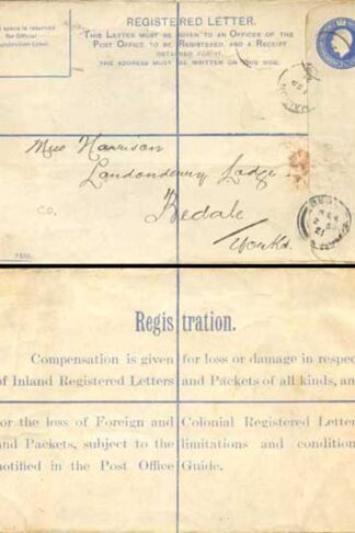 RP29 KGV 3 1/2d Blue Registered Envelope CO under the Flap Size H Used