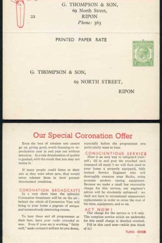 CS63 KGV 1/2d Green Printed Matter Card without Arms Unregulated Size