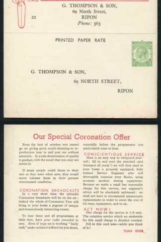 CS63 KGV 1/2d Green Printed Matter Card without Arms Unregulated Size