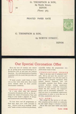 CS63 KGV 1/2d Green Printed Matter Card without Arms Unregulated Size