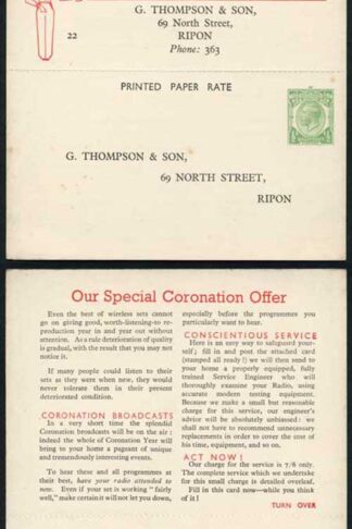 CS63 KGV 1/2d Green Printed Matter Card without Arms Unregulated Size