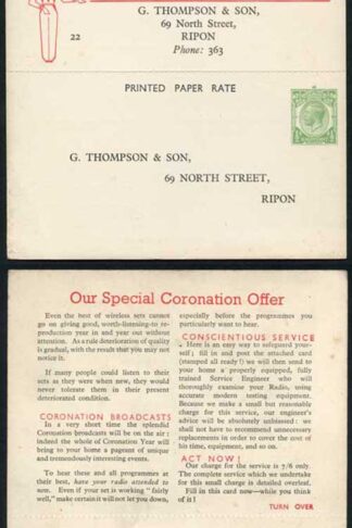 CS63 KGV 1/2d Green Printed Matter Card without Arms Unregulated Size