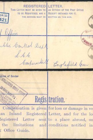 RP45 KGV 4 1/2d Puce Registered Envelope Size H2 Place Abroad on Back Used