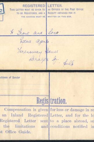 RP45 KGV 4 1/2d Puce Registered Envelope Size H2 Place Abroad on Back Used