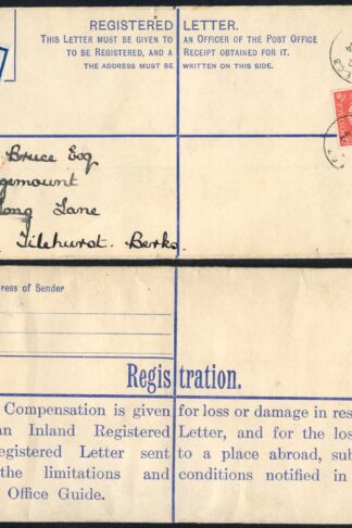 RP45 KGV 4 1/2d Puce Registered Envelope Size H2 Place Abroad on Back Uprated