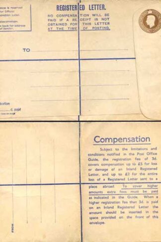 RP27 KGV 3d Brown Registered Envelope DE under the Flap Size H2 Mint