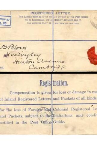 RP27 KGV 3d Brown Registered Envelope AF under the Flap Size H2 Used