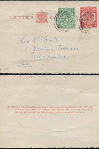 LCP7 KGV 1d Carmine Letter Card with 3 line instructions Uprated