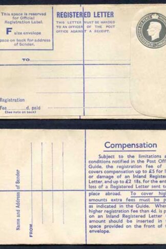 RP70 KGVI 8 1/2d Registered Envelope Size F 4d on back Mint