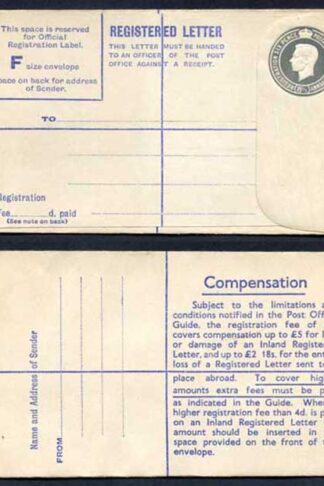RP70 KGVI 8 1/2d Grey Registered Envelope Size F Mint