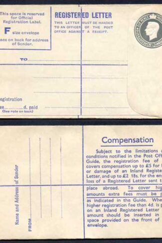 RP70 KGVI 8 1/2d Grey Registered Envelope Size F Mint