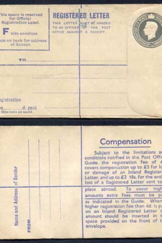 RP70 KGVI 8 1/2d Grey Registered Envelope Size F Mint
