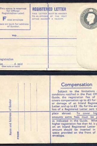 RP70 KGVI 8 1/2d Grey Registered Envelope Size F Mint