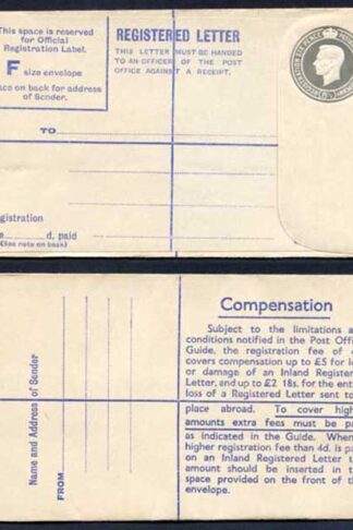 RP70 KGVI 8 1/2d Registered Envelope Size F Mint