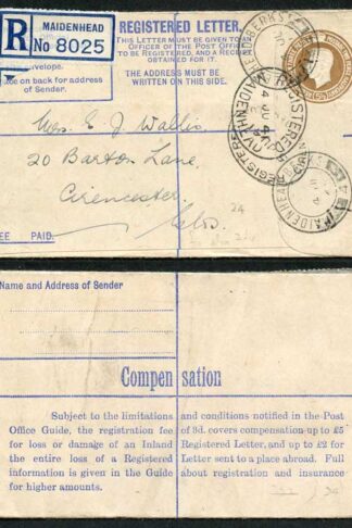 RP52 KGVI 5 1/2d Brown Registered Envelope Size F Used
