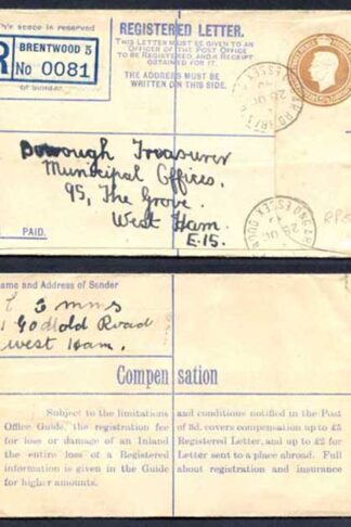 RP53 KGVI 5 1/2d Brown Registered Envelope Size F Used
