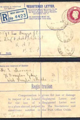 RP48 KGVI 4 1/2d Registered Envelope Size F Used