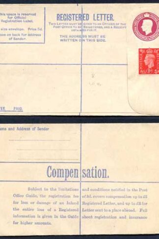 RP49 KGVI 4 1/2d Registered Envelope Size G Mint and 1d Stamp