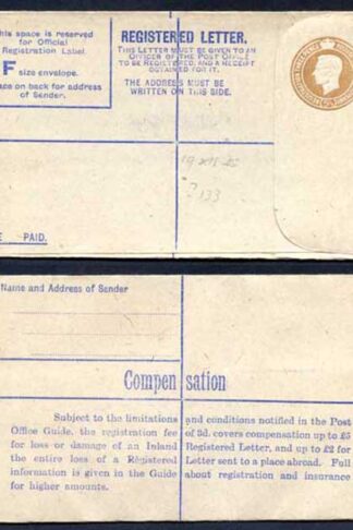 RP54 KGVI 5 1/2d Brown Registered Envelope Size F Mint