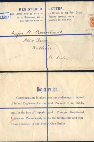 RP42 KGV 4  1/2d Puce Registered Envelope Size K Uprated