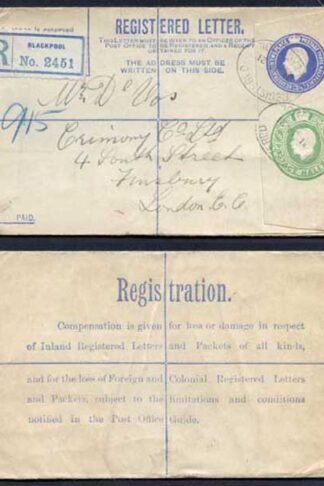 RP33 KGV 3 1/2d and 1/2d Registered Envelope Size G Flap Type 7 Used