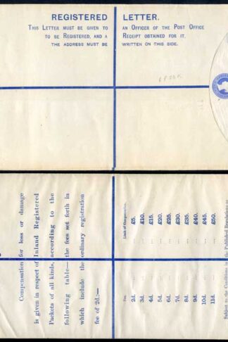 RP20 QV 2d Blue Registered Envelope Size K Mint