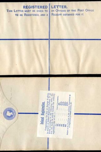 RP13 QV 2d Blue Registered Envelope Size K Mint Compensation Label on Reverse